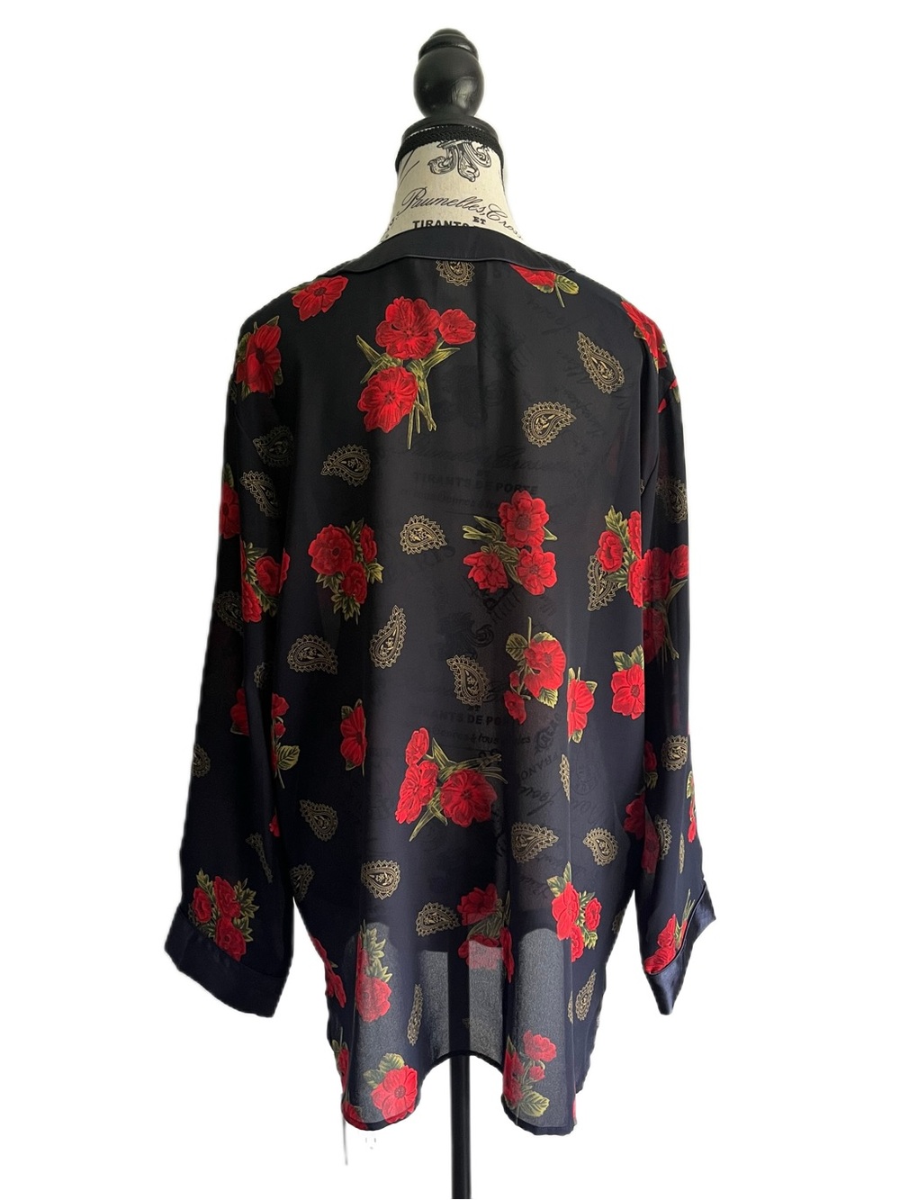 Vintage 90s La Vie En Rose Sheer Navy Blue Floral Rose Paisley Blouse - Picture 5 of 5